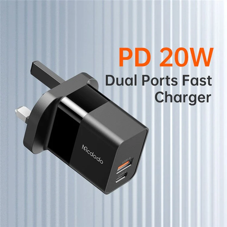 MCDODO CH-130 PD 20W Fast Charging Adapter USB+Type-C Dual Port Wall Charger - Black/UK Plug - Image 6