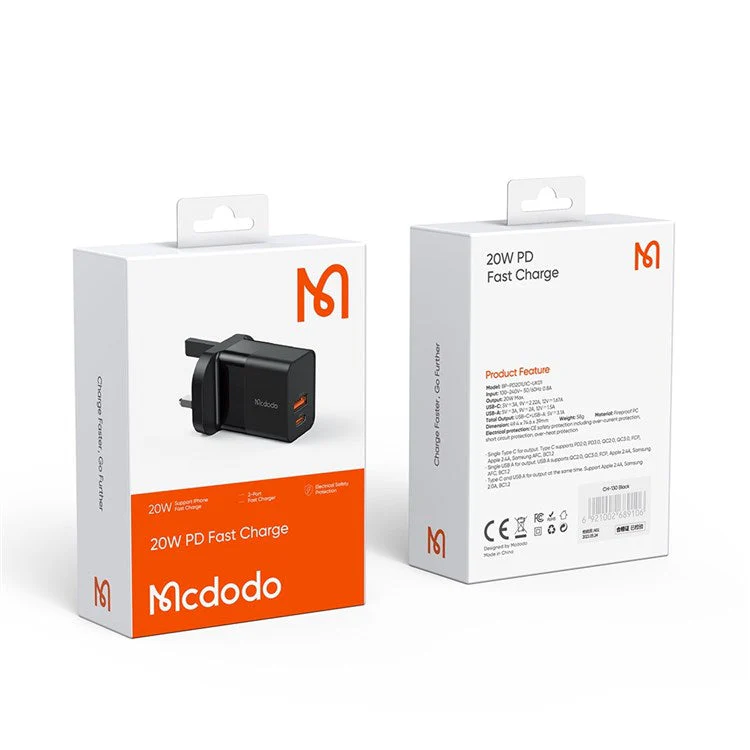 MCDODO CH-130 PD 20W Fast Charging Adapter USB+Type-C Dual Port Wall Charger - Black/UK Plug - Image 8