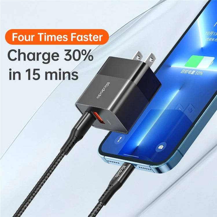 MCDODO CH-130 PD 20W Fast Charging Adapter USB+Type-C Dual Port Wall Charger - Black/US Plug - Image 2