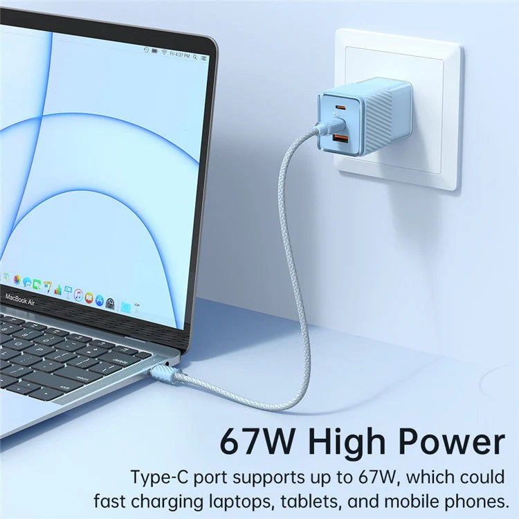 MCDODO CH-14 67W GaN 5 Mini Fast Charger Dual USB-C + USB-A Fast Charging Phone Wall Charger Adapter - Blue / US Plug - Image 3