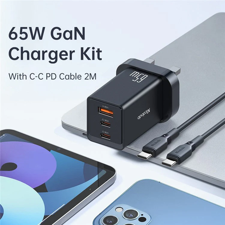 MCDODO CH-15 MDD 65W GaN 5 Mini Fast Charger Wall Charger Adapter Portable 3-Ports Quick Charger Set with Type-C Charging Cable - UK Plug - Image 2