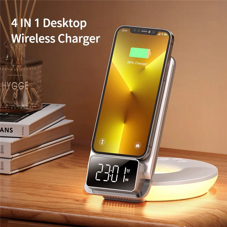 MCDODO CH-1610 MDD 15W Multifunction Wireless Charger 4 in 1 Desktop Charging Stand LED Digital Display Charging Station with Night Light Alarm Clock Functions - White - Image 2