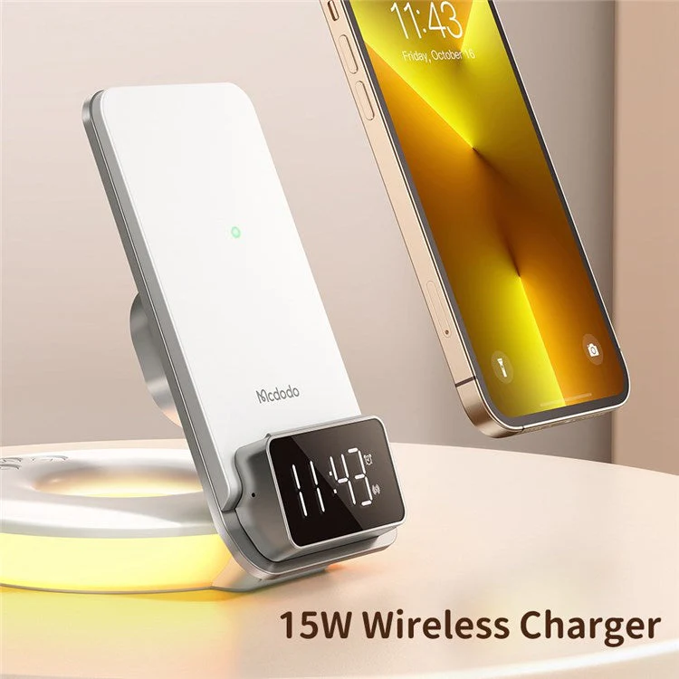 MCDODO CH-1610 MDD 15W Multifunction Wireless Charger 4 in 1 Desktop Charging Stand LED Digital Display Charging Station with Night Light Alarm Clock Functions - White - Image 3