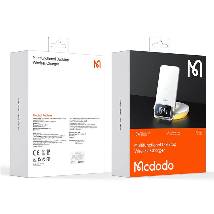 MCDODO CH-1610 MDD 15W Multifunction Wireless Charger 4 in 1 Desktop Charging Stand LED Digital Display Charging Station with Night Light Alarm Clock Functions - White - Image 4