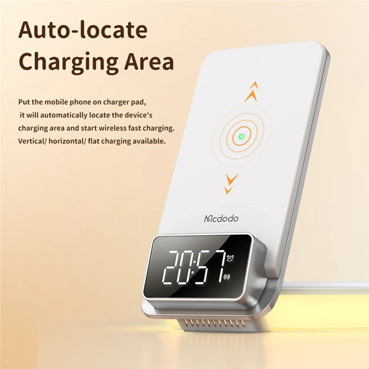 MCDODO CH-1610 MDD 15W Multifunction Wireless Charger 4 in 1 Desktop Charging Stand LED Digital Display Charging Station with Night Light Alarm Clock Functions - White - Image 5