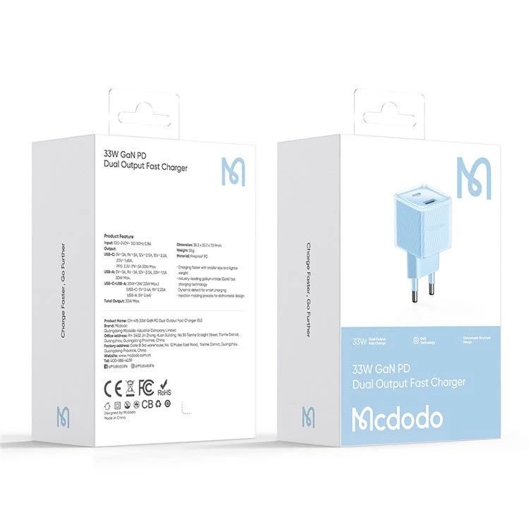 MCDODO CH-415 33W GaN USB+Type-C EU Plug Wall Charger Fireproof PC Phone Tablet Power Adapter - Blue - Image 7