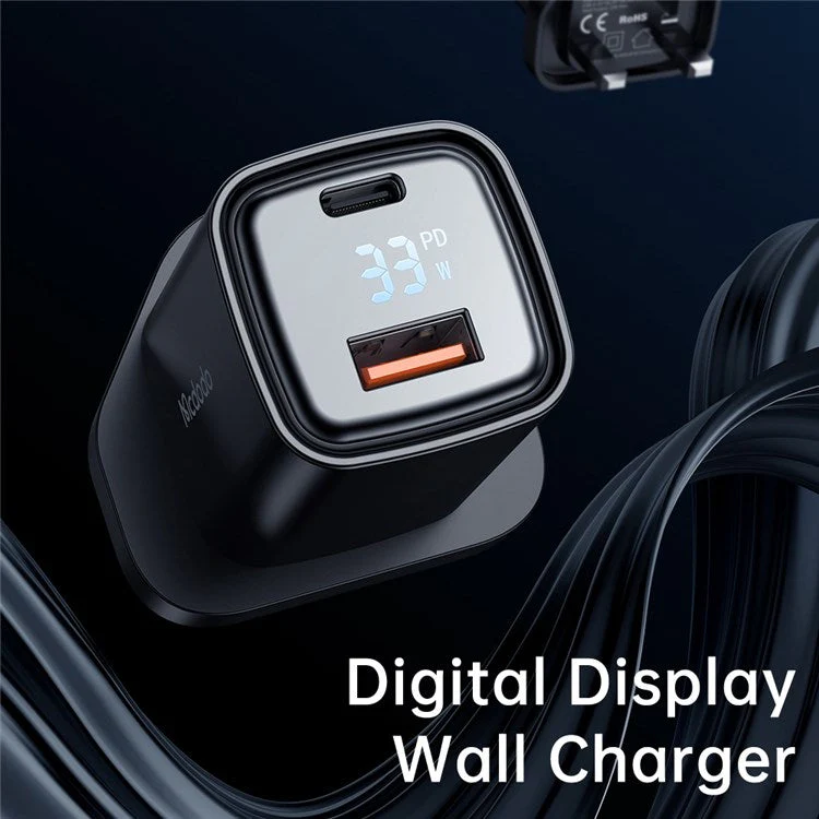 MCDODO Graphite Series 33W USB-A + Type-C Digital Display Dual Port Fast Charging Adapter Wall Charger - UK Plug - Image 3