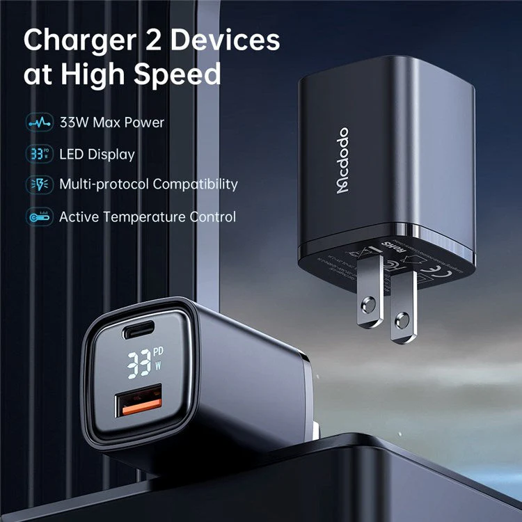 MCDODO Graphite Series 33W USB-A + Type-C Digital Display Dual Port Fast Charging Adapter Wall Charger - US Plug - Image 2