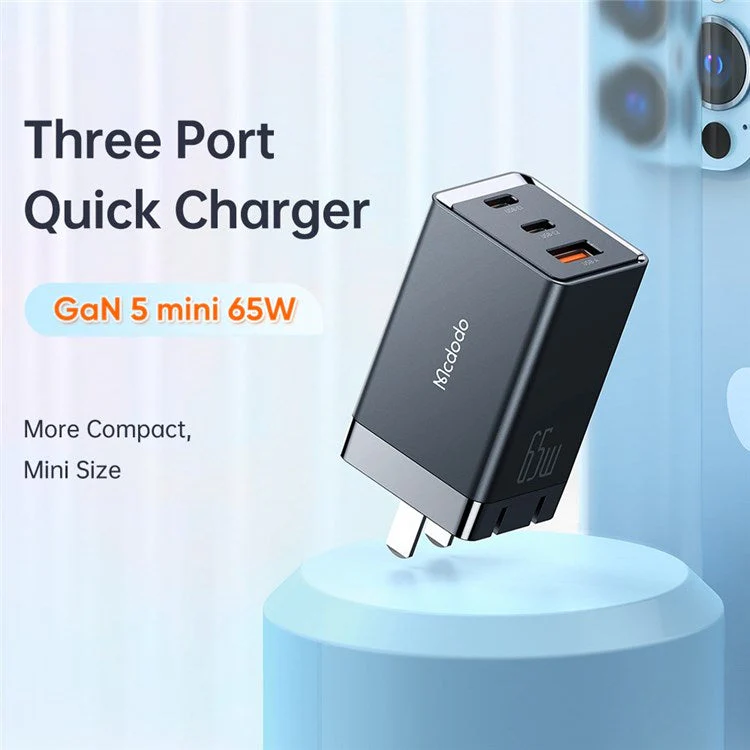 MCDODO MDD 65W GaN5 Mini Fast Charger USB + Dual Type-C Travel Power Adapter - CN Standard Plug - Image 3
