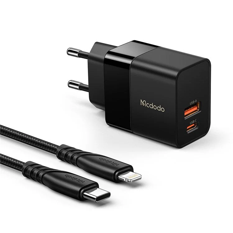 MCDODO MDD Hydrogen Series USB-A + Type-C PD 20W Phone Fast Charging Adapter Wall Charger with Cable - EU Plug/Black