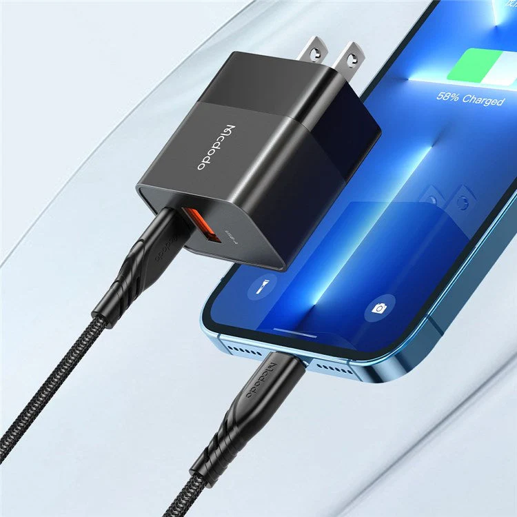 MCDODO MDD Hydrogen Series USB-A + Type-C PD 20W Phone Fast Charging Adapter Wall Charger with Cable - US Plug/Black - Image 3