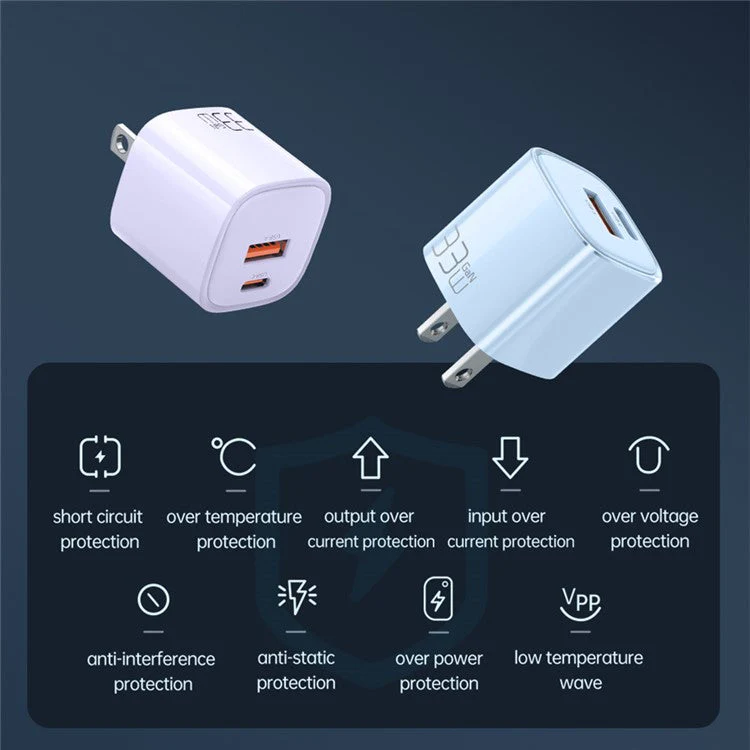 MCDODO MDD Nano Series PD 33W USB-A + Type-C Fast Charging Adapter Dual Port Wall Charger - US Plug / Blue - Image 6