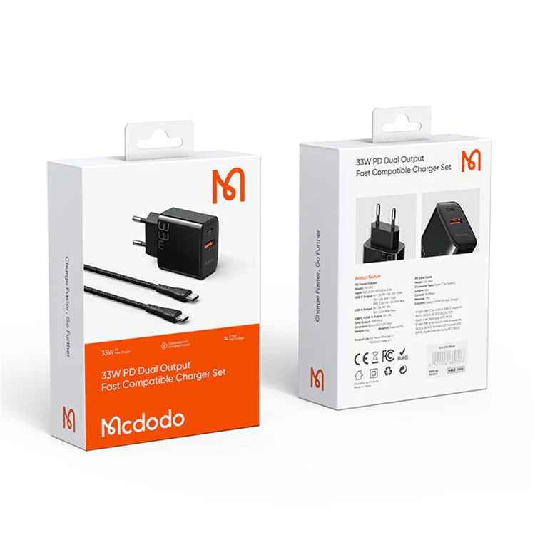 MCDODO MDD PD33W PD Dual Output Fast Compatible Charger Set USB A+USB C Charger Adapter Block with Type-C to Type-C Cable - EU Plug - Image 7