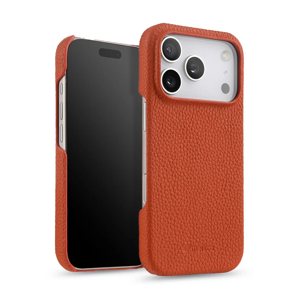 MELKCO For iPhone 17 Pro Max Case Genuine Cow Leather PC Phone Cover Compatible with MagSafe - Orange - Image 2