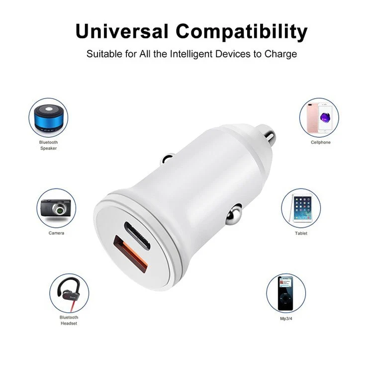 MiniPhone Type-C+USB Car Charger Adapter - 20W PD 3.0 Mini Phone Charger Fast Car Charger - White - Image 3