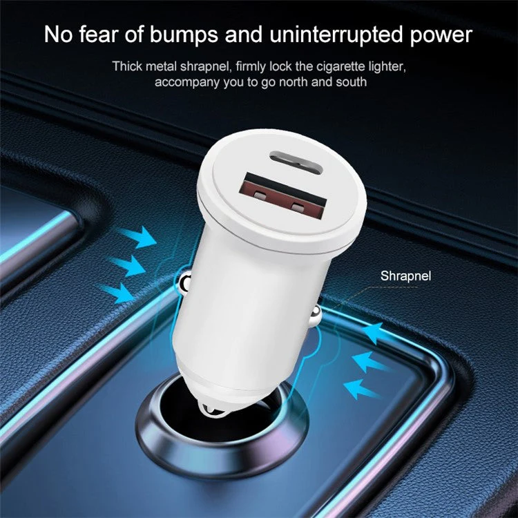 MiniPhone Type-C+USB Car Charger Adapter - 20W PD 3.0 Mini Phone Charger Fast Car Charger - White - Image 4