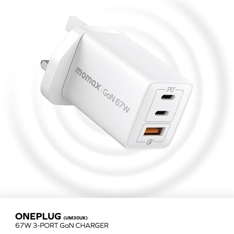 MOMAX 67W Fast Charging 3-Port GaN Wall Charger Travel Power Adapter, UK Plug - White - Image 2