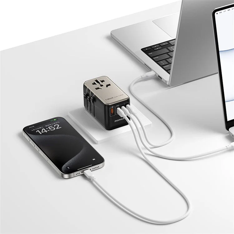 MOMAX UA15 1-World GaN 120W PD Global Travel Fast Charger Adapter Portable Wall Charger Block with USB-A / 3 USB-C Ports, Titanium Gold - Image 2