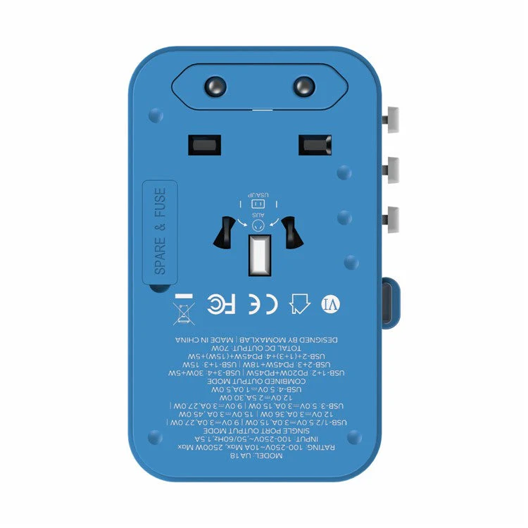 MOMAX UA18 1-World+ GaN Travel Adapter Global Wall Charger with Retractable 70W Type-C Cable - Blue - Image 2