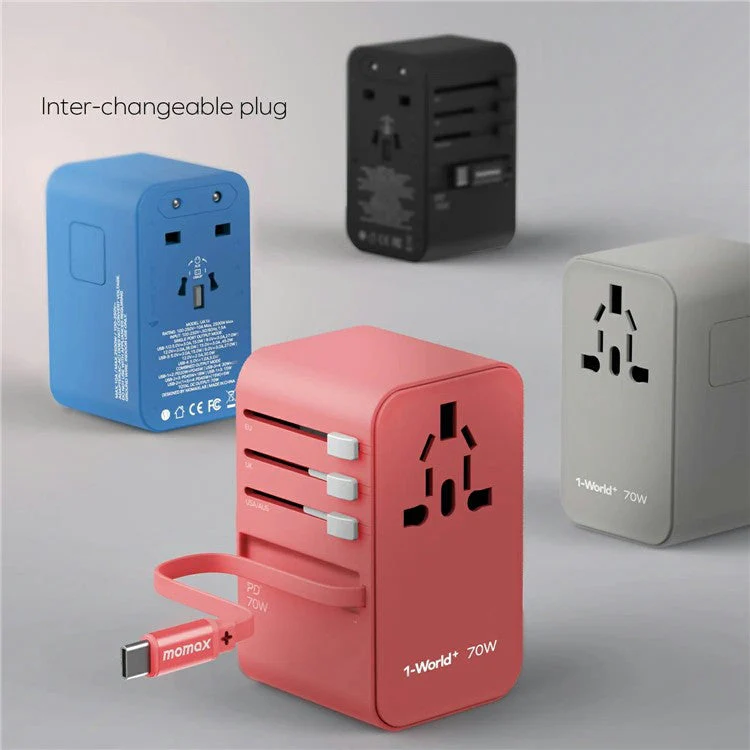 MOMAX UA18 1-World+ GaN Travel Adapter Global Wall Charger with Retractable 70W Type-C Cable - Blue - Image 5