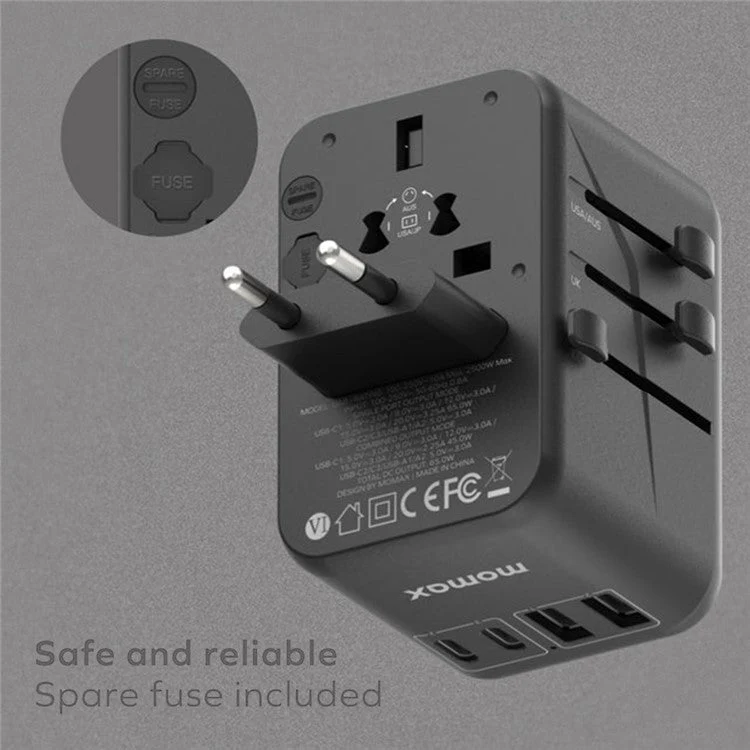 MOMAX UA8A 1-World PD 70W GaN 5 Ports + AC Travel Adapter Global Wall Charger - Titanium Gold - Image 6
