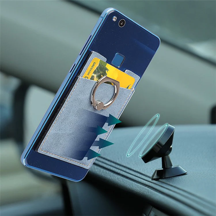 MRC01 PU Leather Phone Card Holder Ring Kickstand Card Case Support Magnetic Car Mount - Black - Image 6