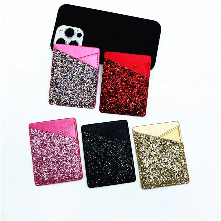 MRC011 Sparkle Glitter Dual Cards Holder PU Leather Phone Back Adhesive Card Case Wallet - Rose - Image 2