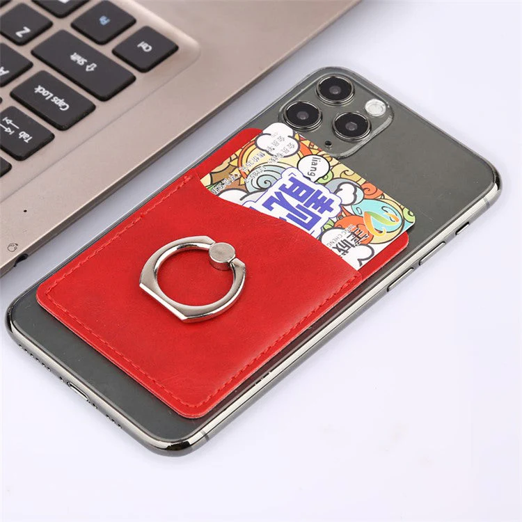 MRC020 Phone Card Holder Crazy Horse Texture Leather Card Case with Ring Holder Kickstand - Yellow - Image 5