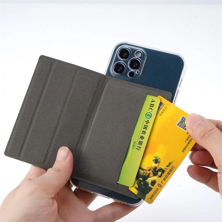 MRC031 Tri-fold Kickstand Phone Card Holder Stick-On PU Leather Credit Cards Case - Black - Image 4