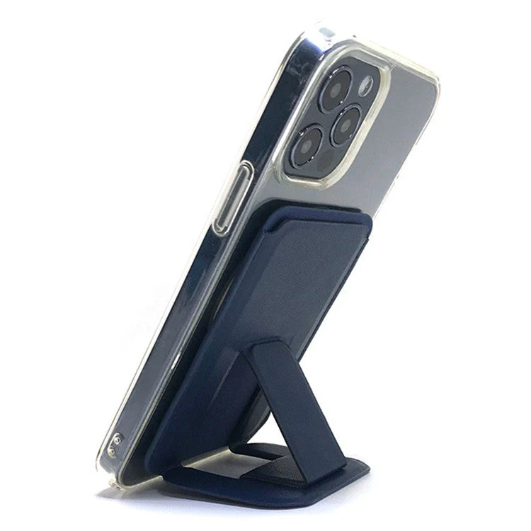 MRC043 For iPhone 15-12 Series RFID Blocking Magnetic Card Holder PU Leather Stand Phone Holder - Blue - Image 3