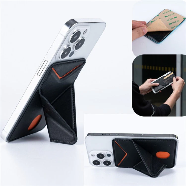 MRC051 Phone Card Holder with Origami Kickstand Adhesive Phone Wallet Pouch Sleeve Stick-on Leather Case - Black - Image 8