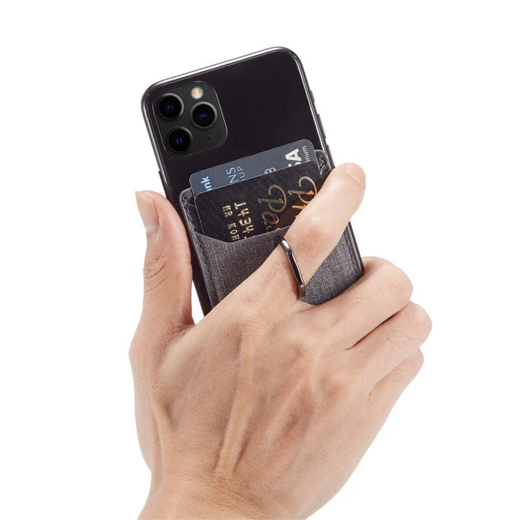 MUXMA MX112 Adhesive Phone Card Holder Canvas Texture Ring Stand RFID Blocking Card Slot - Black - Image 3