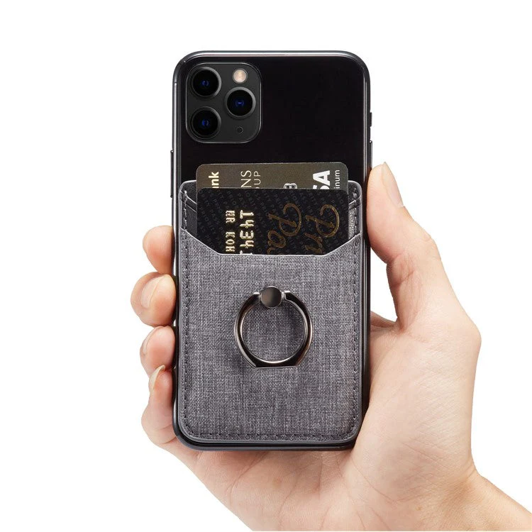 MUXMA MX112 Adhesive Phone Card Holder Canvas Texture Ring Stand RFID Blocking Card Slot - Black - Image 4