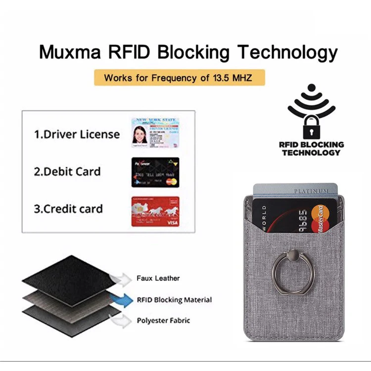 MUXMA MX112 Adhesive Phone Card Holder Canvas Texture Ring Stand RFID Blocking Card Slot - Black - Image 5