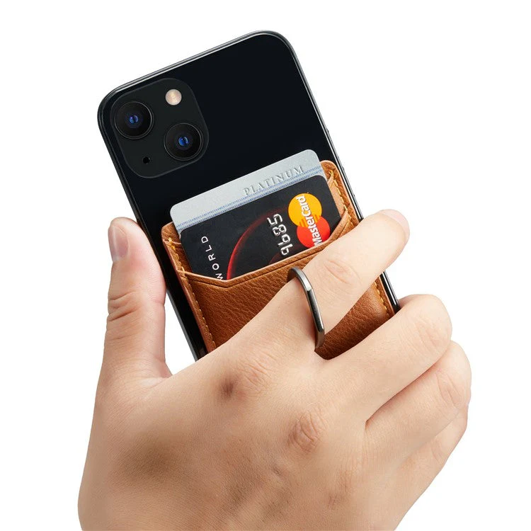MUXMA MX112 Adhesive Phone Card Holder Ring Stand RFID Blocking Cowhide Texture Leather Card Pocket - Brown - Image 3