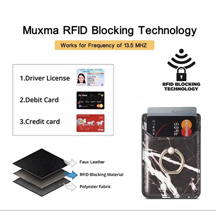 MUXMA MX112 Marble Pattern Phone Card Holder RFID Blocking PU Leather Adhesive Card Wallet Pocket with Ring Stand - Black - Image 5