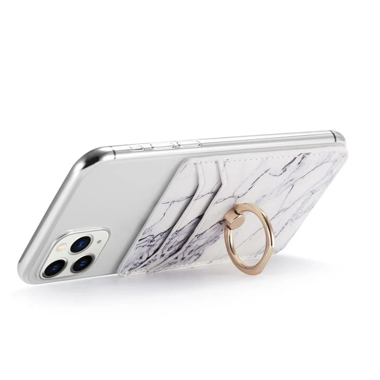 MUXMA MX112 Marble Pattern Phone Card Holder RFID Blocking PU Leather Adhesive Card Wallet Pocket with Ring Stand - White - Image 2