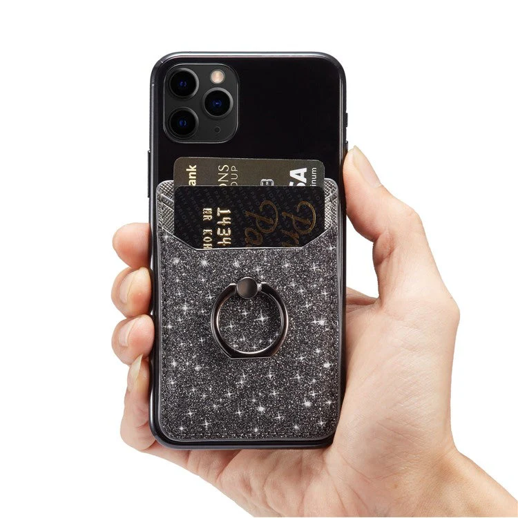MUXMA MX112 RFID Blocking Adhesive Phone Card Holder Glittery Bling PU Leather Card Slot Pocket with Ring Stand - Black - Image 4
