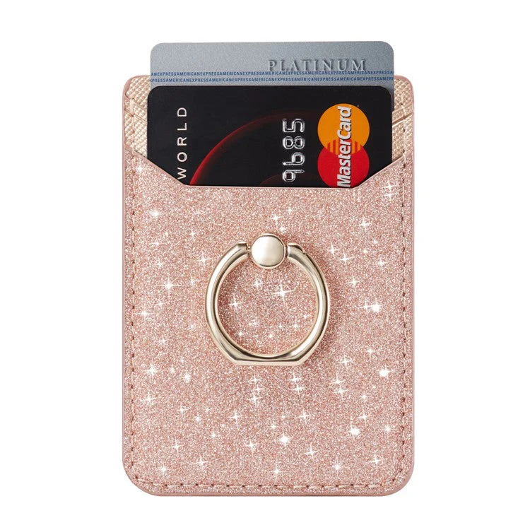 MUXMA MX112 RFID Blocking Adhesive Phone Card Holder Glittery Bling PU Leather Card Slot Pocket with Ring Stand - Rose Gold