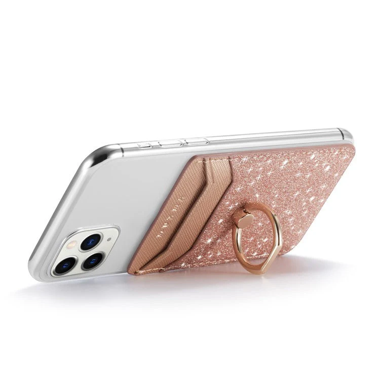 MUXMA MX112 RFID Blocking Adhesive Phone Card Holder Glittery Bling PU Leather Card Slot Pocket with Ring Stand - Rose Gold - Image 2