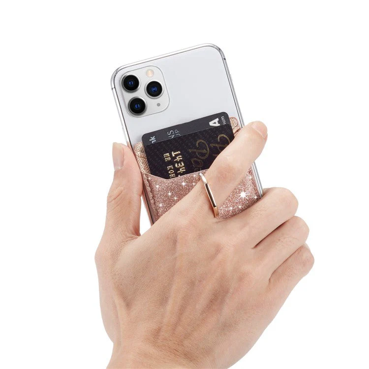 MUXMA MX112 RFID Blocking Adhesive Phone Card Holder Glittery Bling PU Leather Card Slot Pocket with Ring Stand - Rose Gold - Image 3