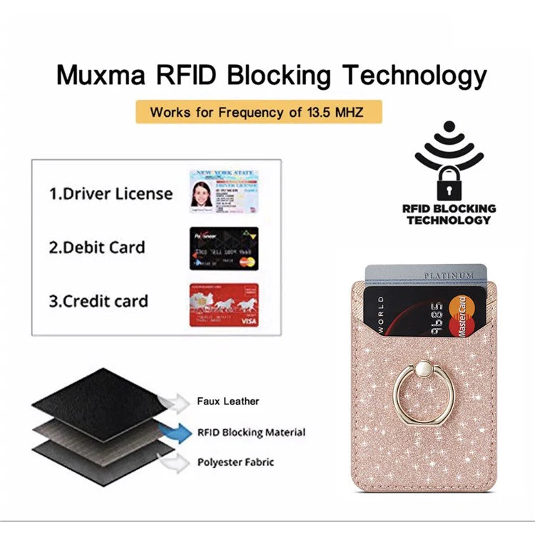MUXMA MX112 RFID Blocking Adhesive Phone Card Holder Glittery Bling PU Leather Card Slot Pocket with Ring Stand - Rose Gold - Image 6
