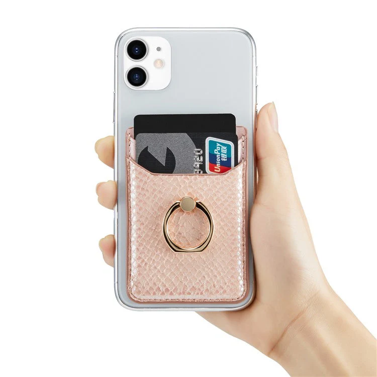 MUXMA MX112 RFID Blocking Phone Card Holder Snake Texture PU Leather Adhesive Credit Card Wallet with Ring Stand - Rose Gold - Image 3