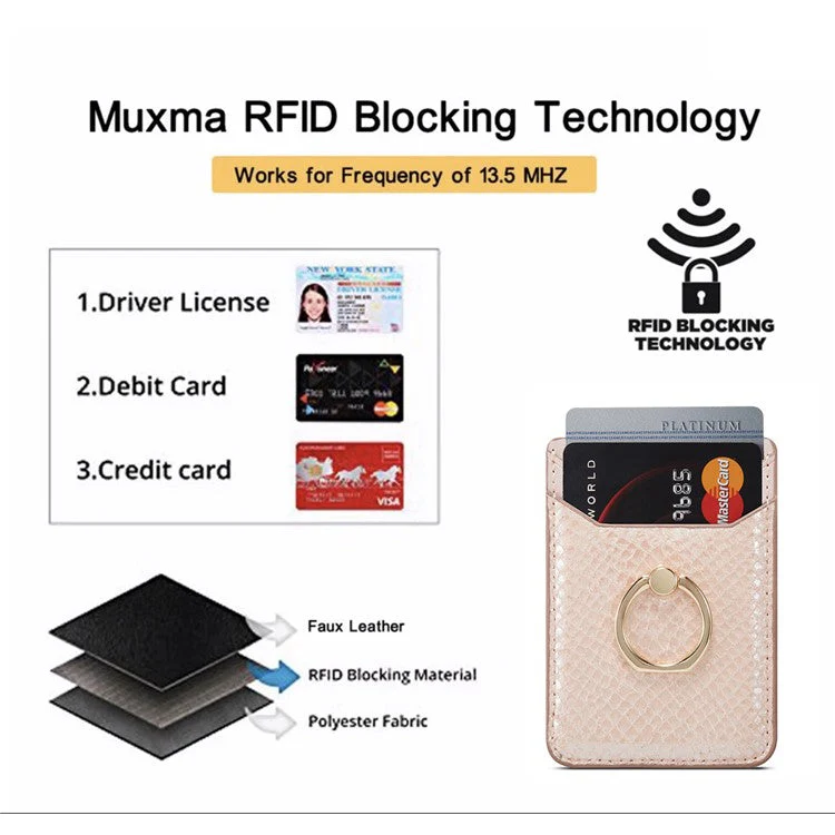 MUXMA MX112 RFID Blocking Phone Card Holder Snake Texture PU Leather Adhesive Credit Card Wallet with Ring Stand - Rose Gold - Image 5