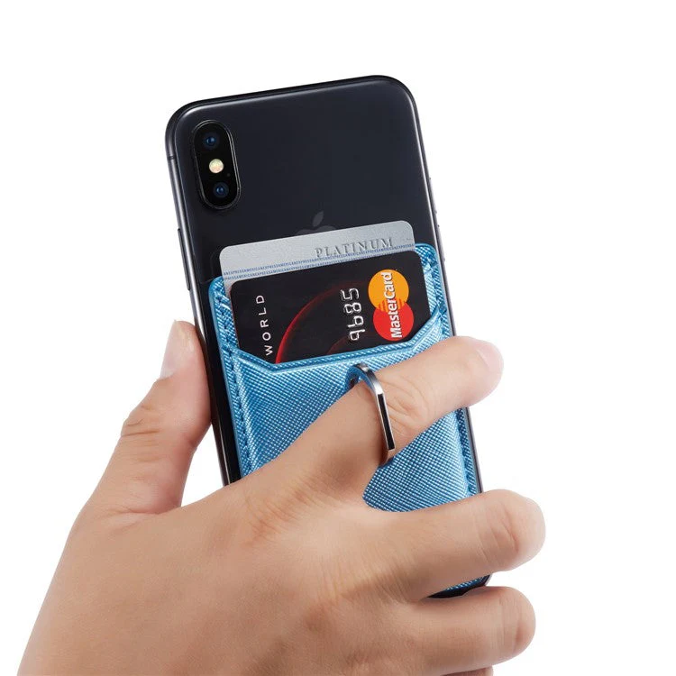MUXMA MX112 Ring Stand Credit Card Holder Cross Texture RFID Blocking Adhesive Phone Card Holder - Blue - Image 3