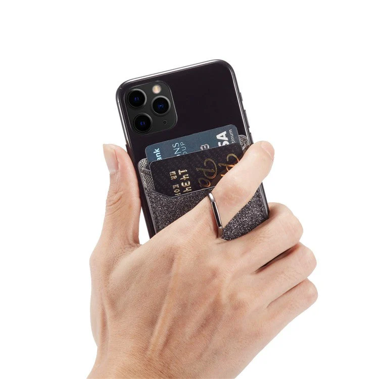 MUXMA MX112 Ring Stand Phone Card Holder Sand Texture PU Leather RFID Blocking Adhesive Card Pocket - Black - Image 3