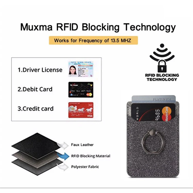 MUXMA MX112 Ring Stand Phone Card Holder Sand Texture PU Leather RFID Blocking Adhesive Card Pocket - Black - Image 6