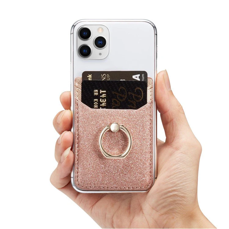 MUXMA MX112 Ring Stand Phone Card Holder Sand Texture PU Leather RFID Blocking Adhesive Card Pocket - Rose Gold - Image 4