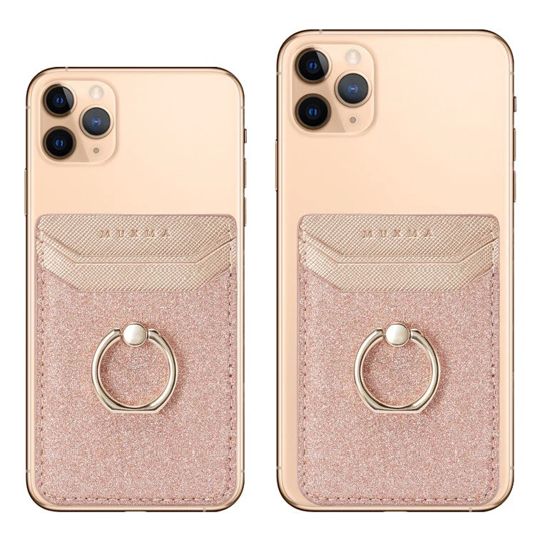 MUXMA MX112 Ring Stand Phone Card Holder Sand Texture PU Leather RFID Blocking Adhesive Card Pocket - Rose Gold - Image 5