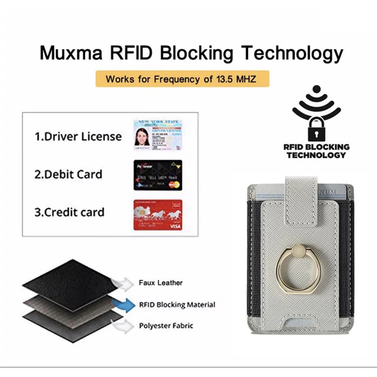 MUXMA MX116-8 Phone Card Holder RFID Blocking Sleeve for Back of Phone, Adhesive Stick-on Credit Card Wallet Pocket with Ring Grip - Grey - Image 3
